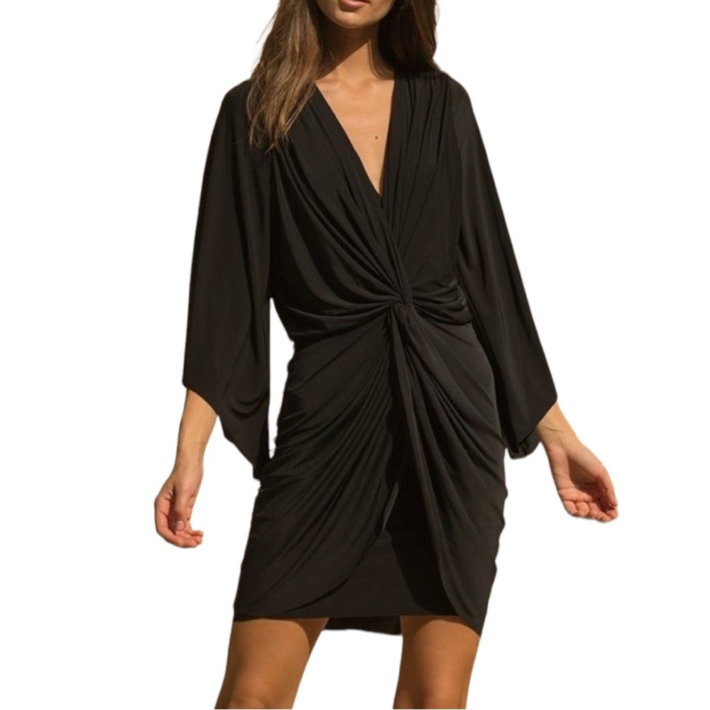 Misa Mini Dress Teget Knotted Front ruching V-neck plunge angel sleeve
